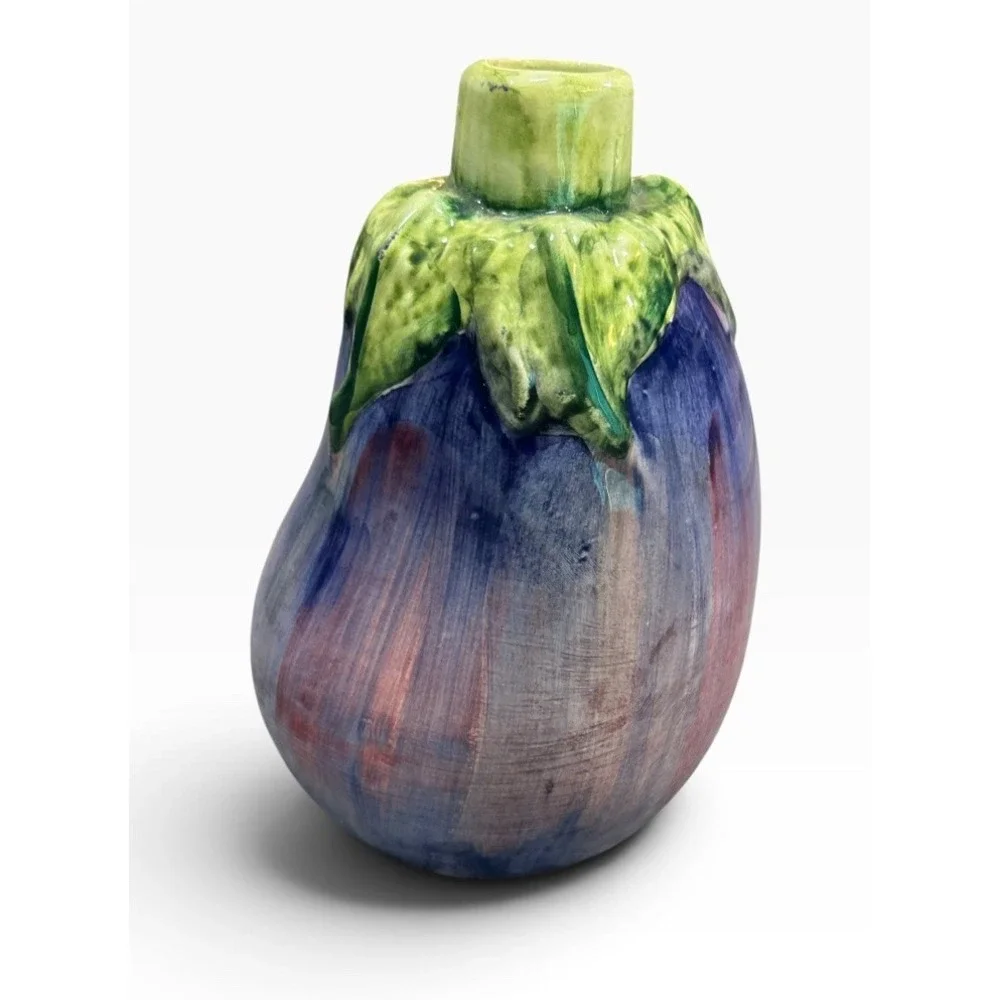 Italian Vietri Eggplant Ceramic  Vase - Vintage- RARE  - Hand painted
